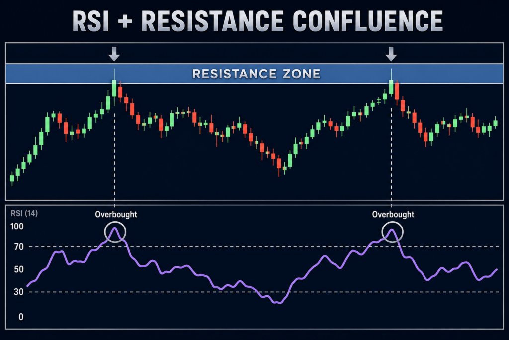 RSI overbought-signalen die samenvallen met horizontale resistance-aanrakingen