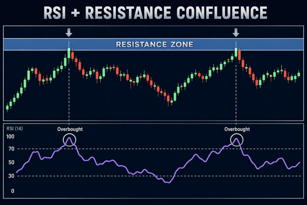 RSI-Signale für überkauft fallen mit horizontalen Resistance-Berührungen zusammen