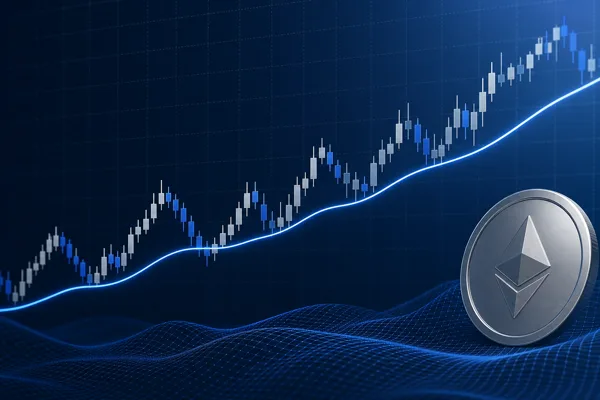 A golden Bitcoin coin in front of a rising crypto price chart with a smooth simple moving average trend line