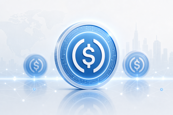 A glowing blue USDC dollar coin with smaller dollar tokens behind it, illustrating the USDC stablecoin pegged to the US dollar