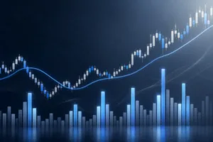 Candlestick crypto price chart with a volume-weighted moving average line and emphasized high-volume bars