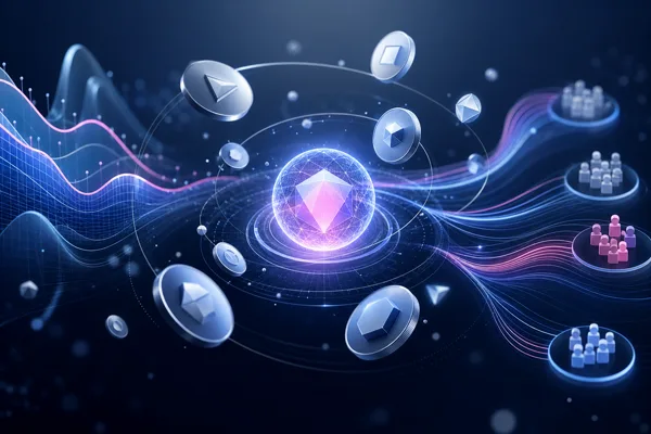 Abstract illustration of tokens orbiting a central node with supply curves and distribution flows