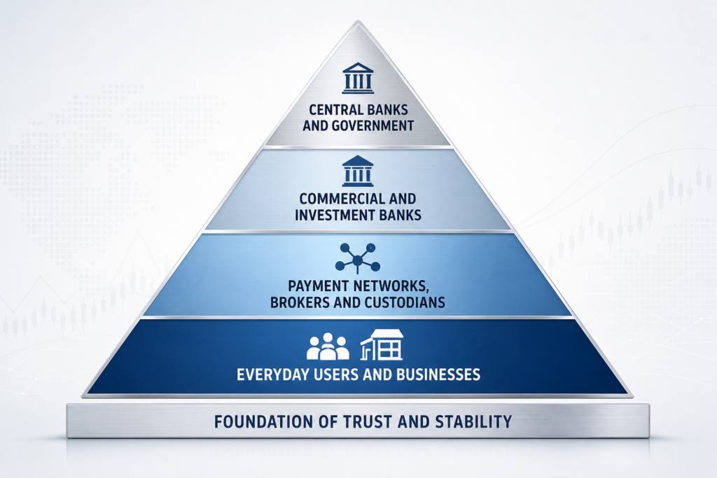 Pyramid diagram of traditional finance: central banks and government at the top, commercial and investment banks below, then payment networks, brokers and custodians, and everyday users and businesses at the base