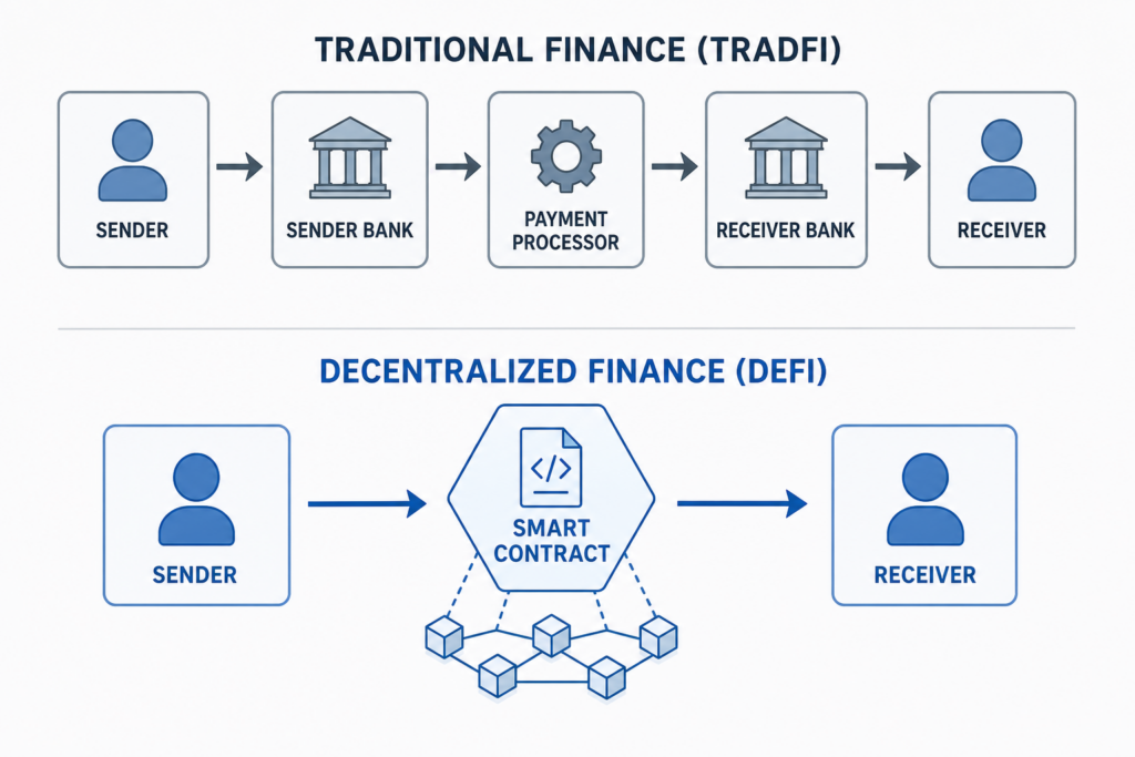 Flow diagram comparing a traditional finance transfer that passes through a sender bank, payment processor and receiver bank, against a decentralized finance transfer that moves directly from sender to receiver through a smart contract
