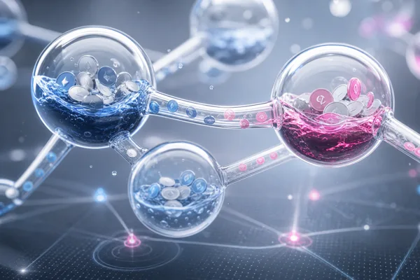 Abstract illustration of Uniswap liquidity pools with tokens flowing between connected spheres