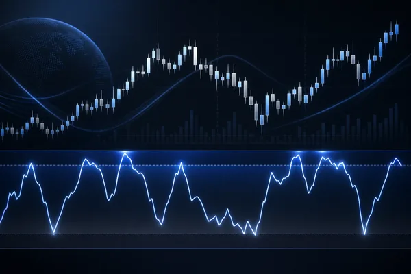 Stylized candlestick price chart with a lower momentum oscillator panel swinging between two threshold bands