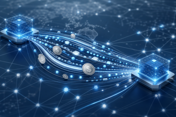 Digital data streams carrying payment tokens between two network nodes, illustrating x402 machine-to-machine payments