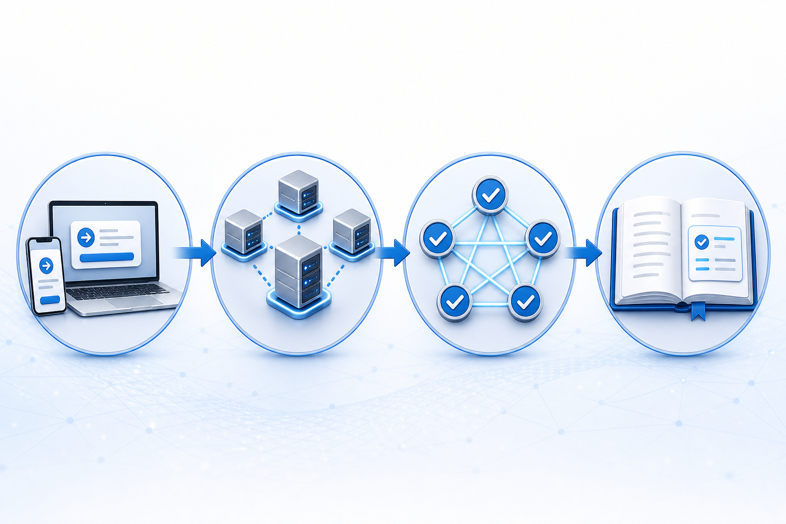 Diagram van het vierstaps-consensusproces van het XRP Ledger, van transactieindiening tot ledgerbevestiging