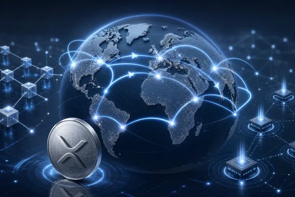 XRP digital payment network with glowing nodes and cross-border transfer arrows on a globe