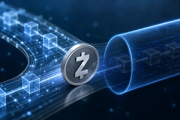 Zcash privacy cryptocurrency concept with a shielded transaction flow in blue and silver tones