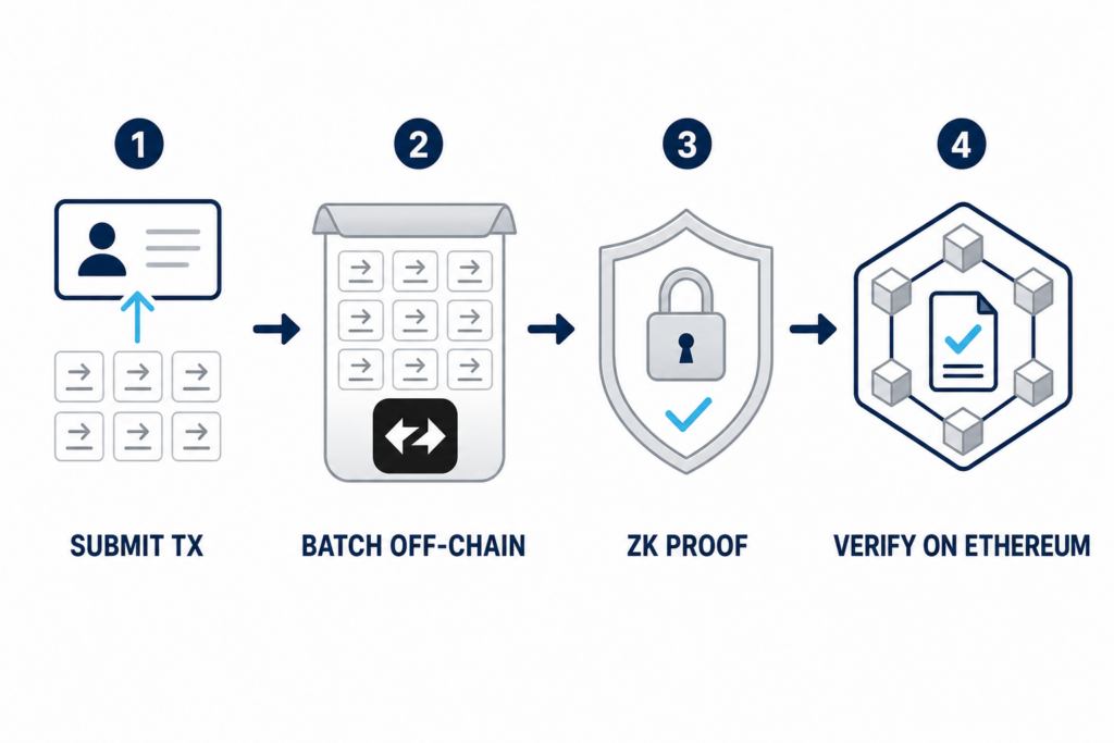 Diagram of the zkSync zk-rollup flow: submit transactions, batch off-chain, generate a ZK proof, and verify on Ethereum