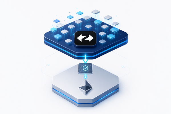 Illustration of zkSync as an Ethereum Layer 2, bundling transactions and posting a proof down to the Ethereum base layer