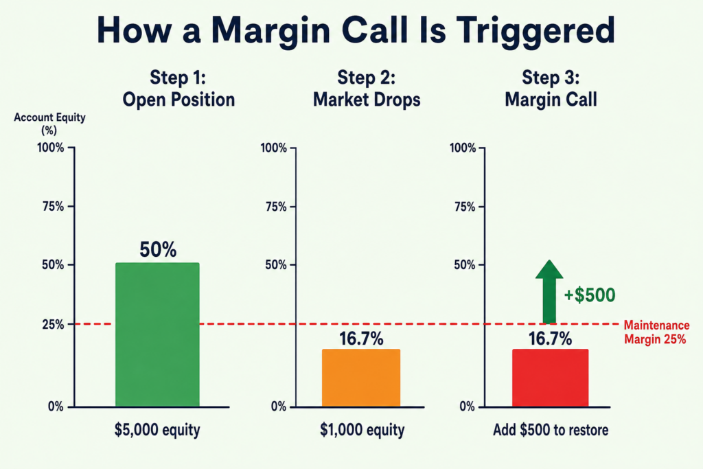 Three-step infographic showing equity dropping from 50 percent to 16.7 percent below the 25 percent maintenance margin line, with a 500 dollar deposit restoring the required level