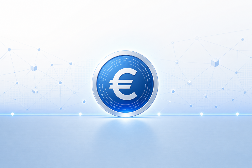 Digitale euro-stablecoin-munt op een vlakke prijslijn die de 1:1-koppeling aan de euro illustreert