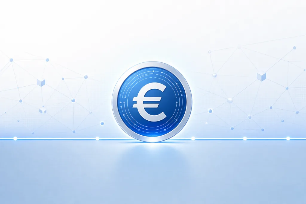 Digital euro stablecoin coin resting on a flat price line, illustrating its 1:1 peg to the euro