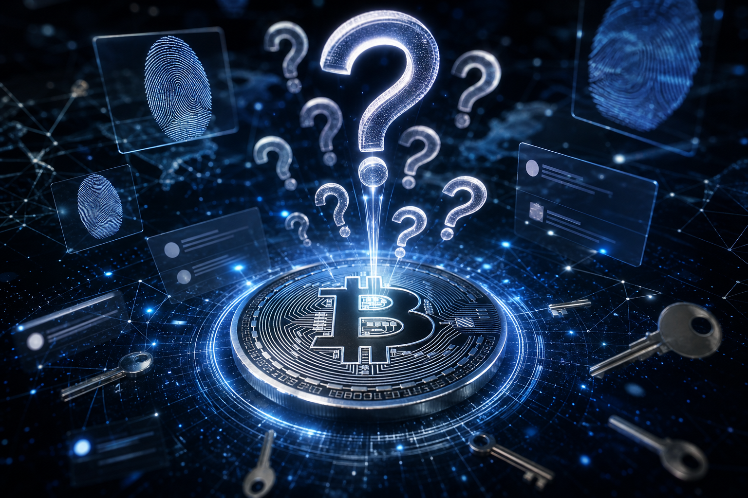 Illustratie van Bitcoin-identiteitsspeculatie met vraagtekens en cryptografische symbolen
