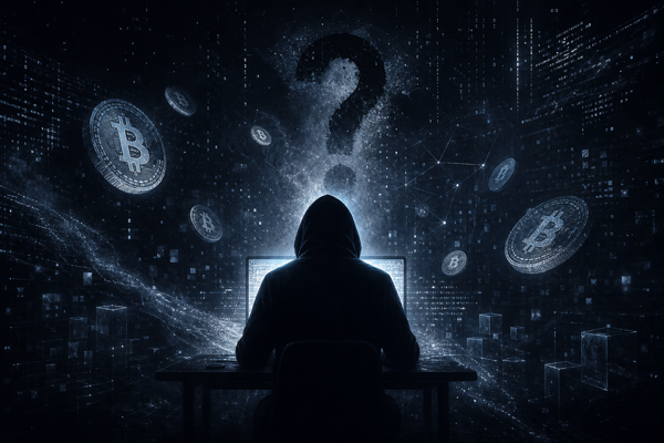 Shadowy silhouette at a computer terminal surrounded by Bitcoin symbols and question marks