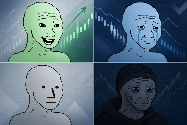 Four Wojak meme face variants representing different crypto trader emotions