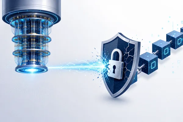 Quantum computer beaming energy at a cracking encryption padlock protecting a blockchain