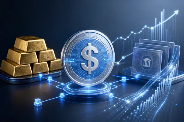Gold bars and a digital dollar coin linked by blockchain lines to a tokenized Treasury and a rising yield chart